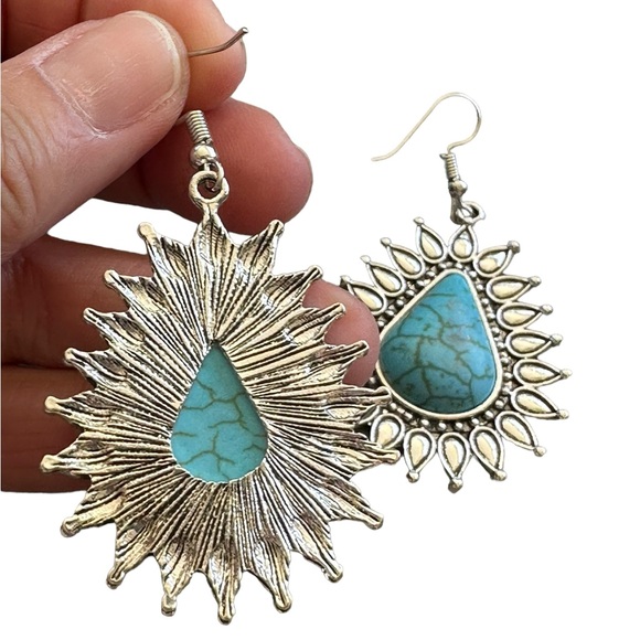 Boho Large Silver and Turquoise Flower Drop Earrings - Picture 4 of 5